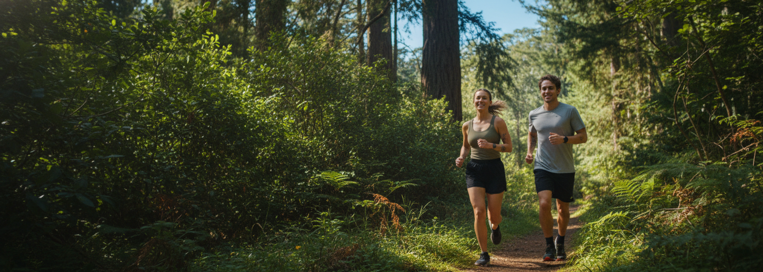 Two people running on a trail through a forest