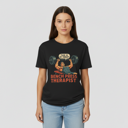 Bench Press Therapist Women’s T-Shirt – Vintage Gym Humor Meets Street Style
