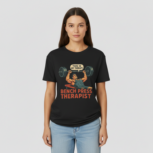 Bench Press Therapist Women’s T-Shirt – Vintage Gym Humor Meets Street Style