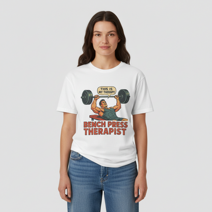 Bench Press Therapist Women’s T-Shirt – Vintage Gym Humor Meets Street Style